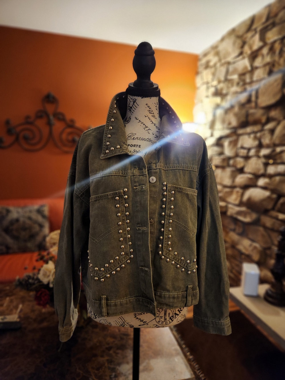 Source Unknown Olive Green Studded Denim Jacket